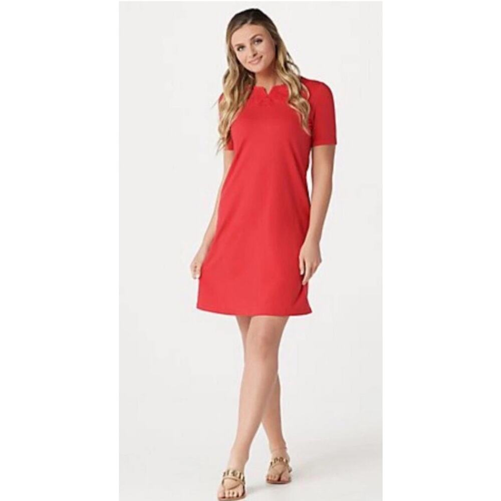 D & Co. Red Cotton Short Sleeve Pullover Knee Length Casual Shift Dress Large